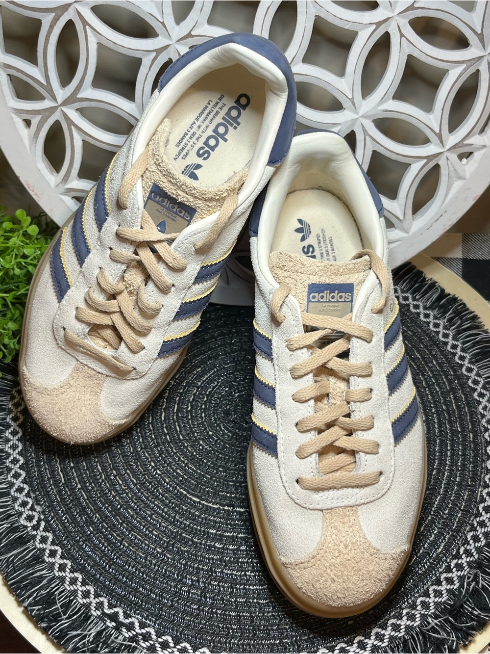 Adidas Gazelle Suede Sneakers in Cream with Navy Stripes - Picture 11 of 12